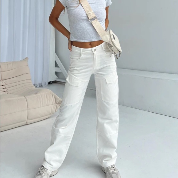 NWOT Princess Polly White Cargo Straight Leg Jeans High-Waisted - Picture 1 of 11